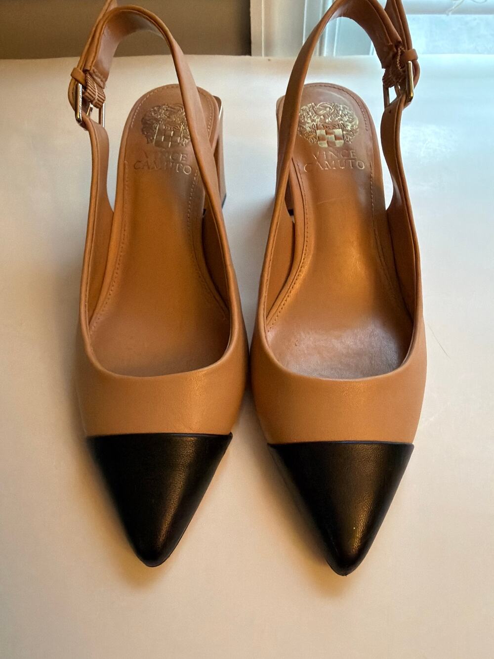 Vince Camuto Hamden Cap-Toe Slingback Block Heel Pumps Tan/Black, Size 7.5M